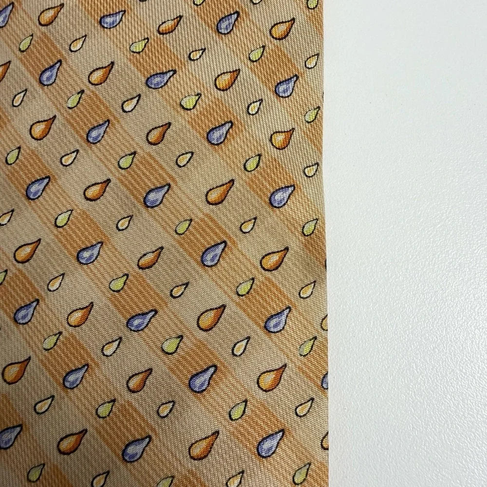 Hermes Mens Tie Rain Drops Orange 100% Satin Silk 7907 MA 3.5